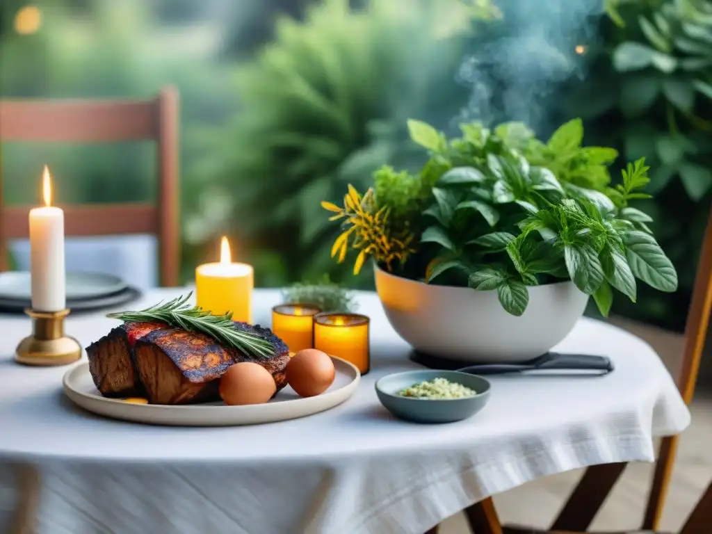 Accesorios para presentación asado: Mesa de picnic elegante en entorno natural con vajilla y decoración sofisticada