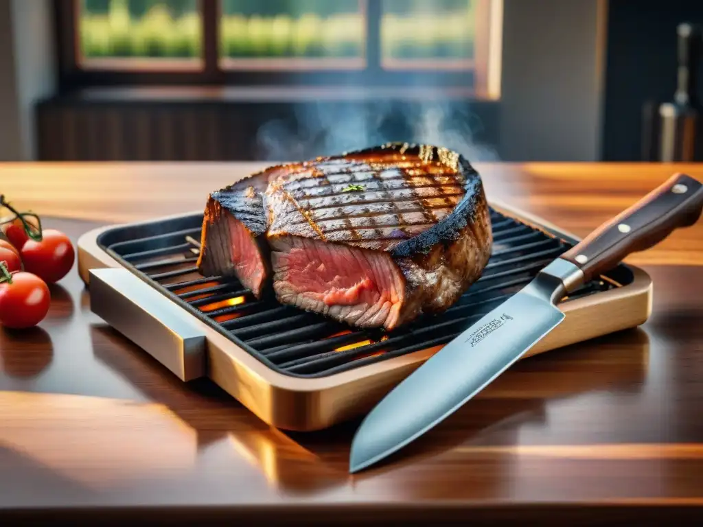 Accesorios de parrilla alta gama junto a un suculento filete, iluminados por la cálida luz del sol en una mesa de madera