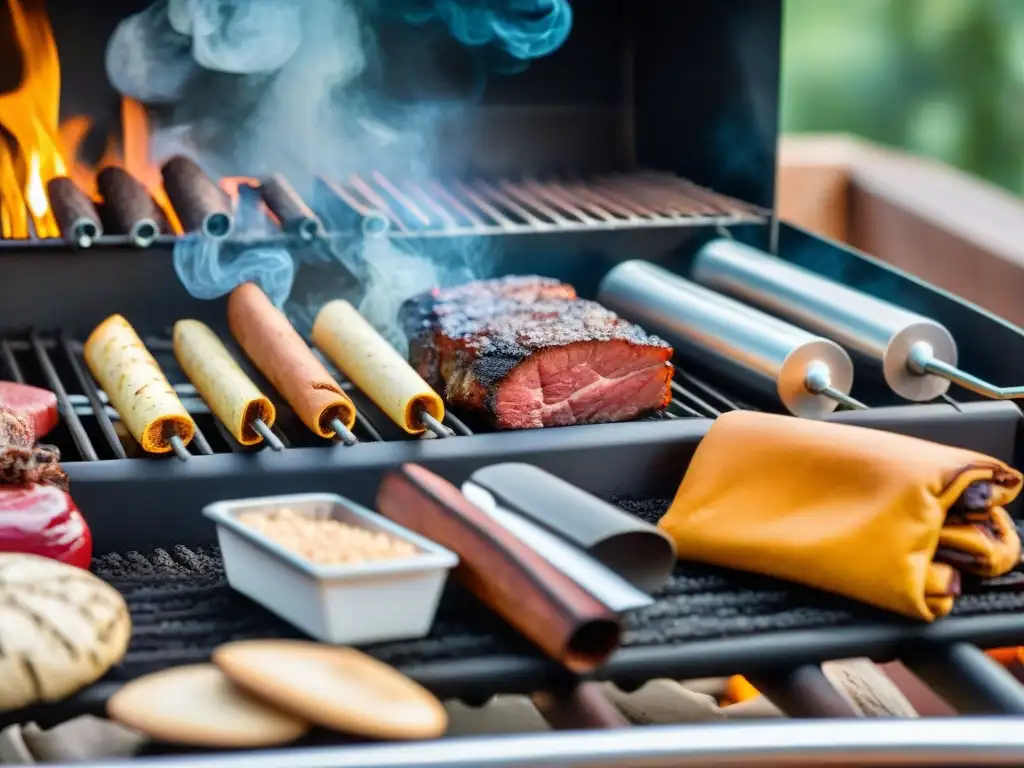 Accesorios para ahumar en parrilla: cajas, termómetro y guantes, sobre mesa rústica con grill humeante