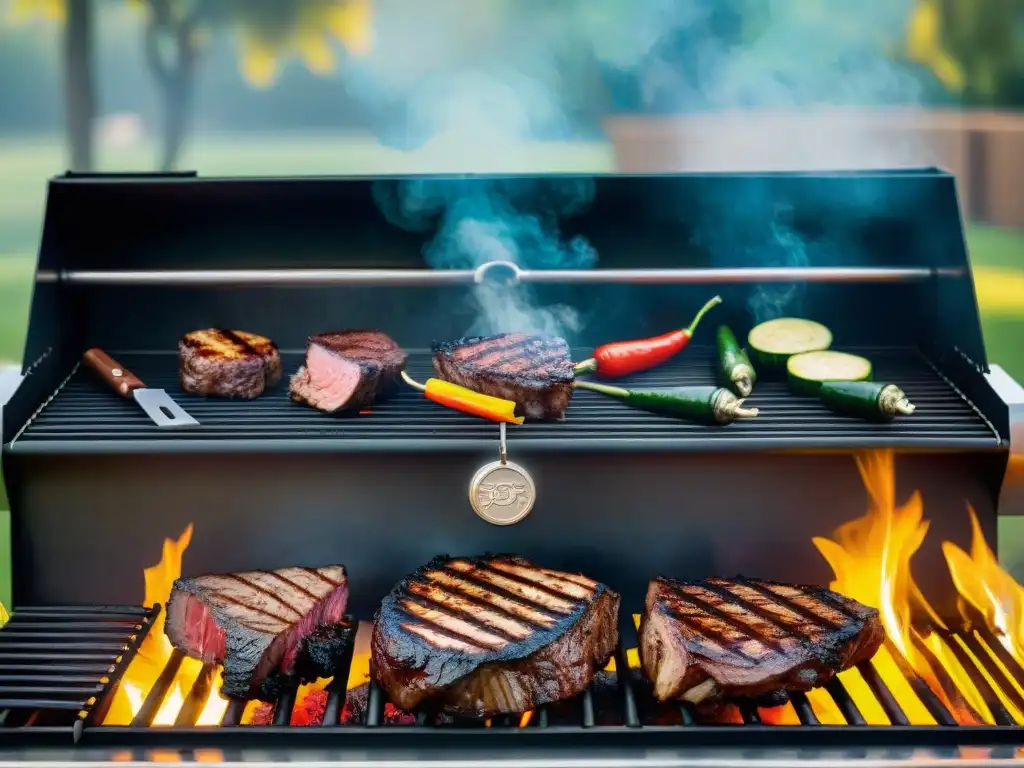 Accesorios personalizados para asado: Detalles grabados en acero inoxidable rodeados de deliciosas parrilladas y llamas danzantes