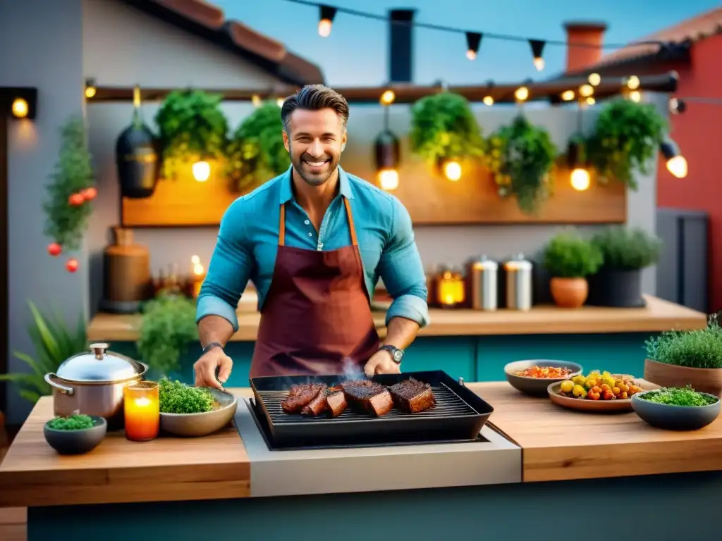 Un acogedor asado en espacios pequeños: amigos riendo alrededor de una parrilla en una terraza urbana iluminada con luces de colores