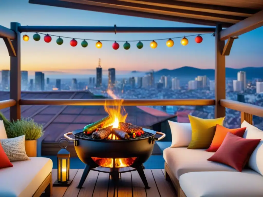 Un acogedor asado en espacios reducidos: una terraza vibrante con parrilla, verduras y luces, bajo un cielo estrellado en la ciudad