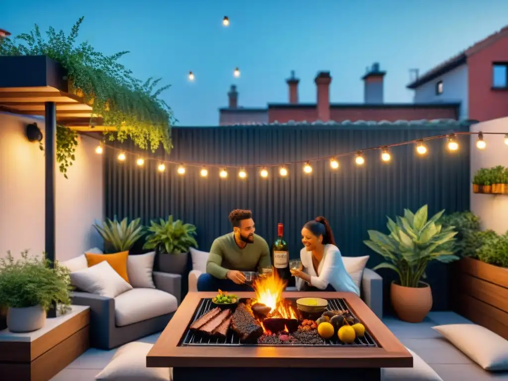 Un acogedor asado en espacios reducidos: amigos reunidos alrededor de una parrilla en una terraza urbana llena de plantas y luces