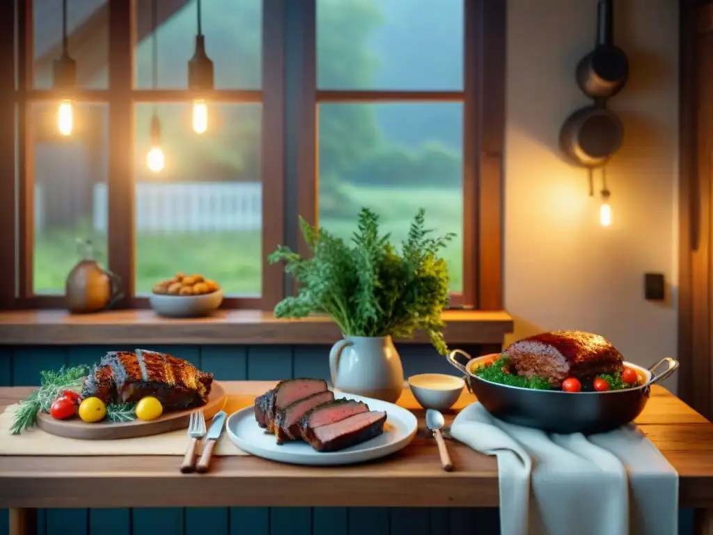 Un acogedor asado al horno en días lluviosos: mesa de madera rústica con deliciosa comida y luces cálidas