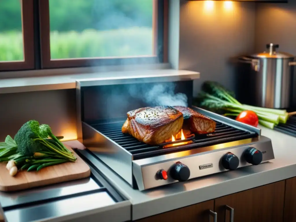 Un acogedor asado en interiores en días lluviosos, con verduras y carnes con marcas de parrilla, kit de seguridad y luz cálida