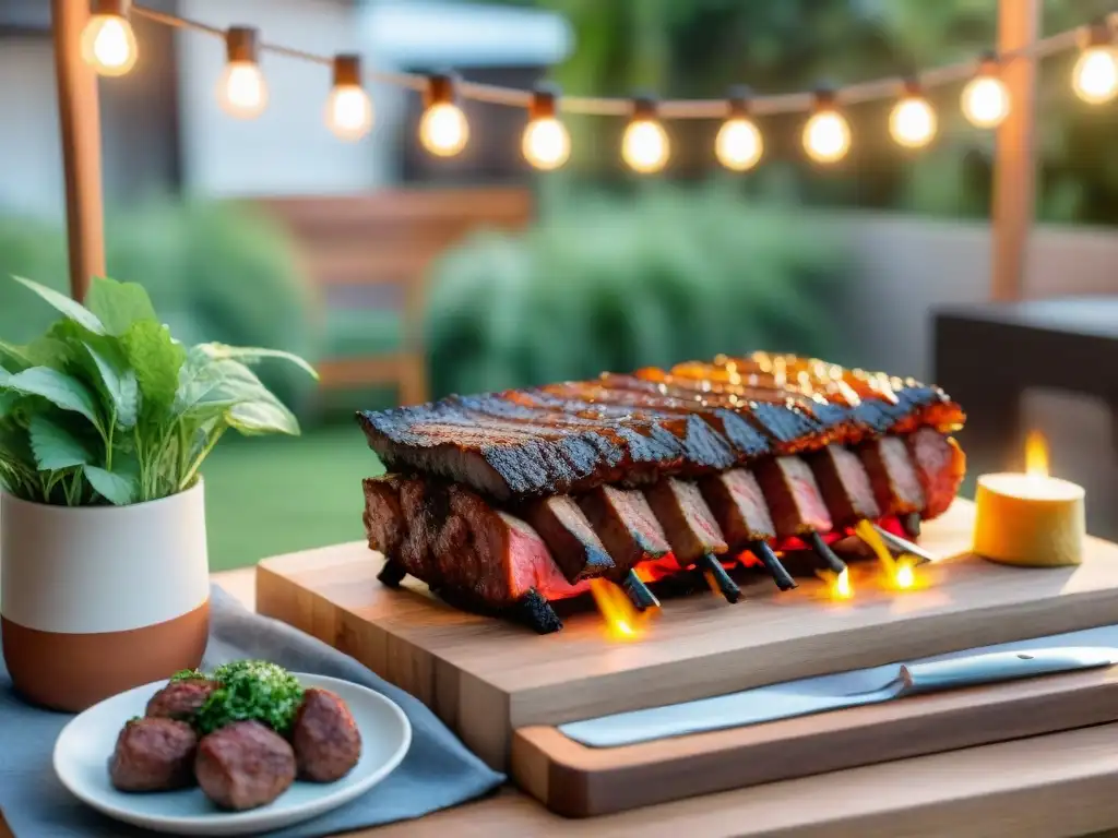 Un acogedor asado uruguayo en espacios reducidos: parrilla con chorizo, morcilla y costillas, rodeada de plantas y luces cálidas