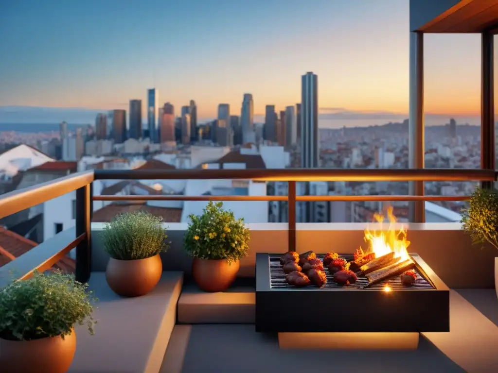 Un acogedor balcón con asado uruguayo en espacios limitados, rodeado de hierbas y luces decorativas, con skyline urbano al atardecer