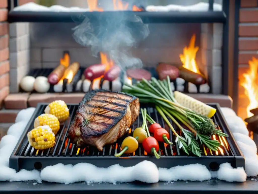 Un acogedor escenario invernal con una barbacoa saludable, vegetales y carnes magras a la parrilla