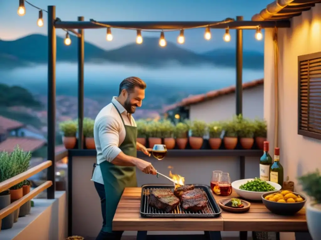 Un acogedor paraíso de asado en espacios reducidos: parrilla, amigos riendo y brindando con vino en un balcón urbano