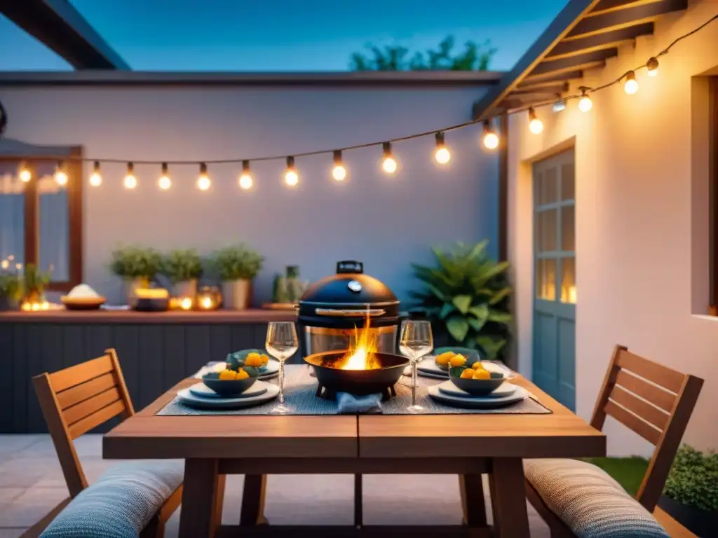 Acogedor patio nocturno con mesa elegante, accesorios iluminación parrilladas nocturnas