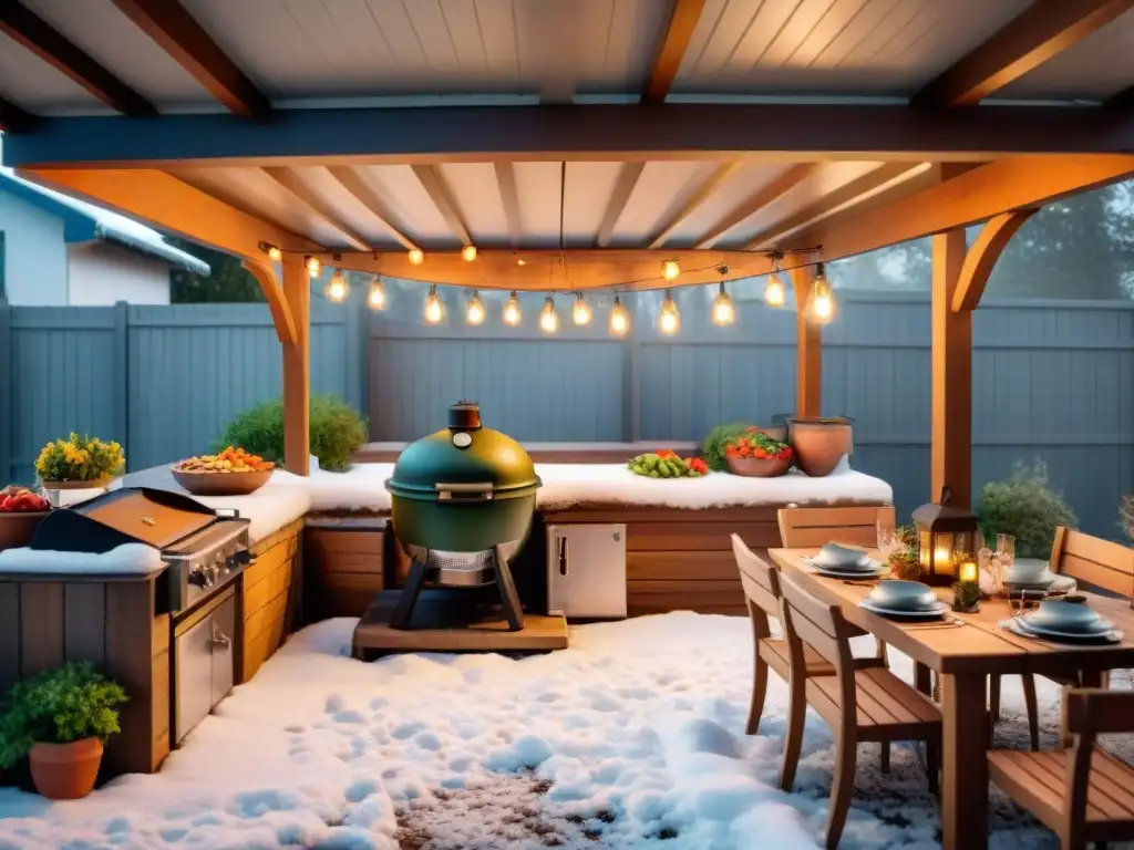 Un acogedor patio trasero con nieve ligera, asado argentino saludable cocinando sobre la parrilla en invierno