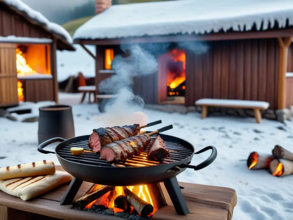 Acogedora escena invernal de un asado uruguayo alrededor de la parrilla, con nieve cayendo suavemente