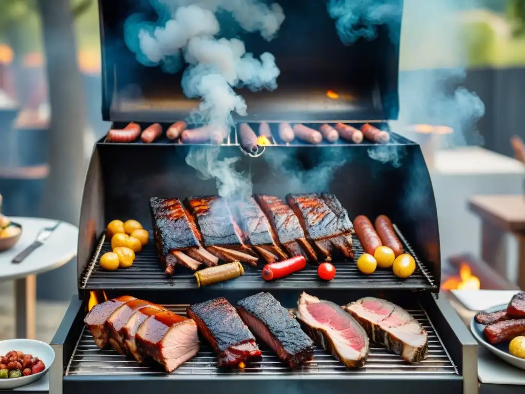 Asador tradicional ahumando jugosos cortes de carne al aire libre Ahumador para sabores intensos asado: Cortes de carne marinados cocinándose a la perfección en una parrilla rústica, rodeados de humo fragante