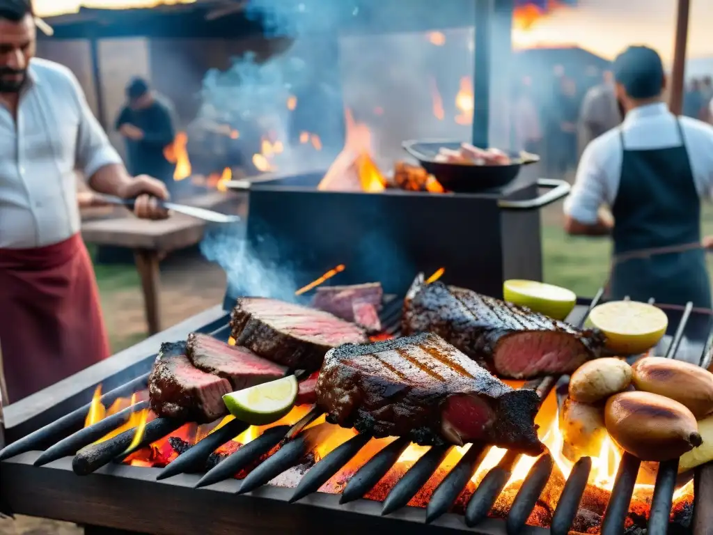 Reunión al aire libre de asado uruguayo con amigos mirando la parrilla, en una escena de camaradería y tradición