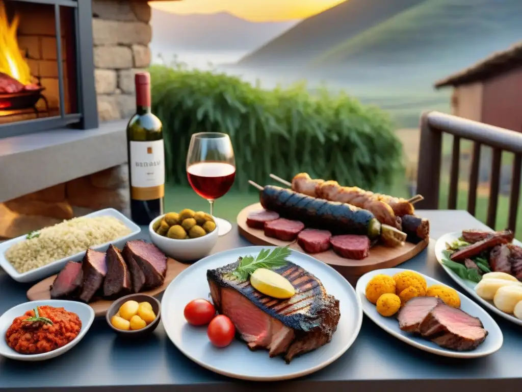 Mesón al aire libre con asado uruguayo, cortes carne magra, acompañados de vinos y platos coloridos al atardecer