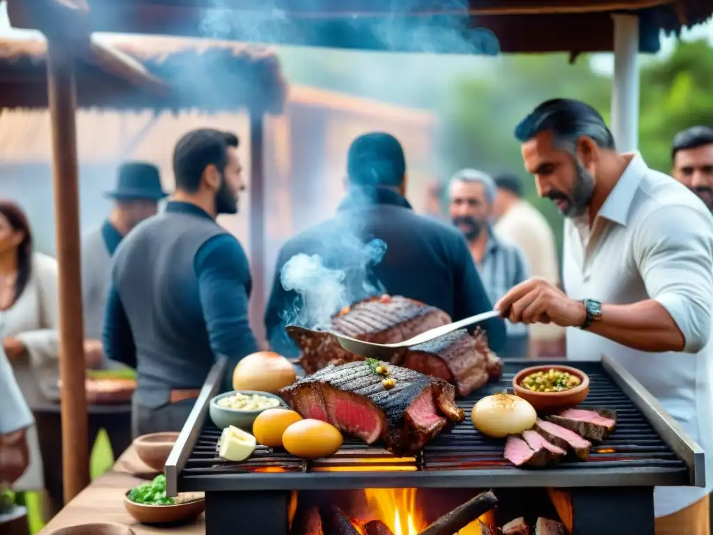 Reunión al aire libre con asado uruguayo, amigos y familia, capturando la esencia de los maridajes experimentales asado uruguayo