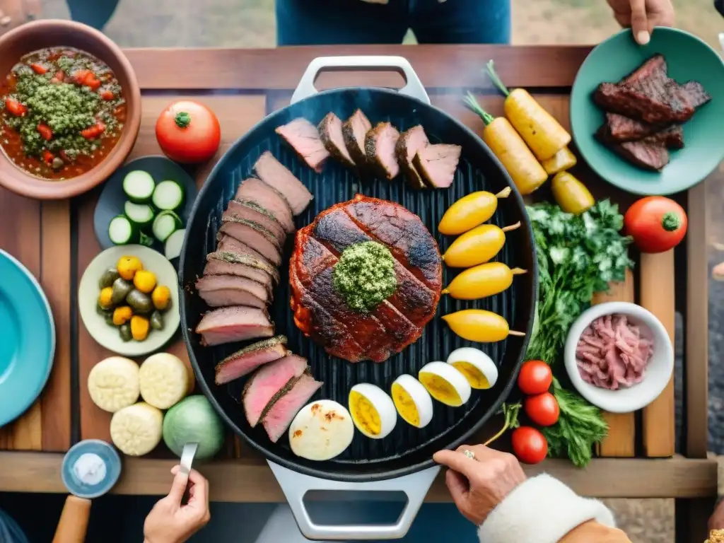 Celebración al aire libre de un asado uruguayo tradicional con variedad de carnes, vegetales y chimichurri