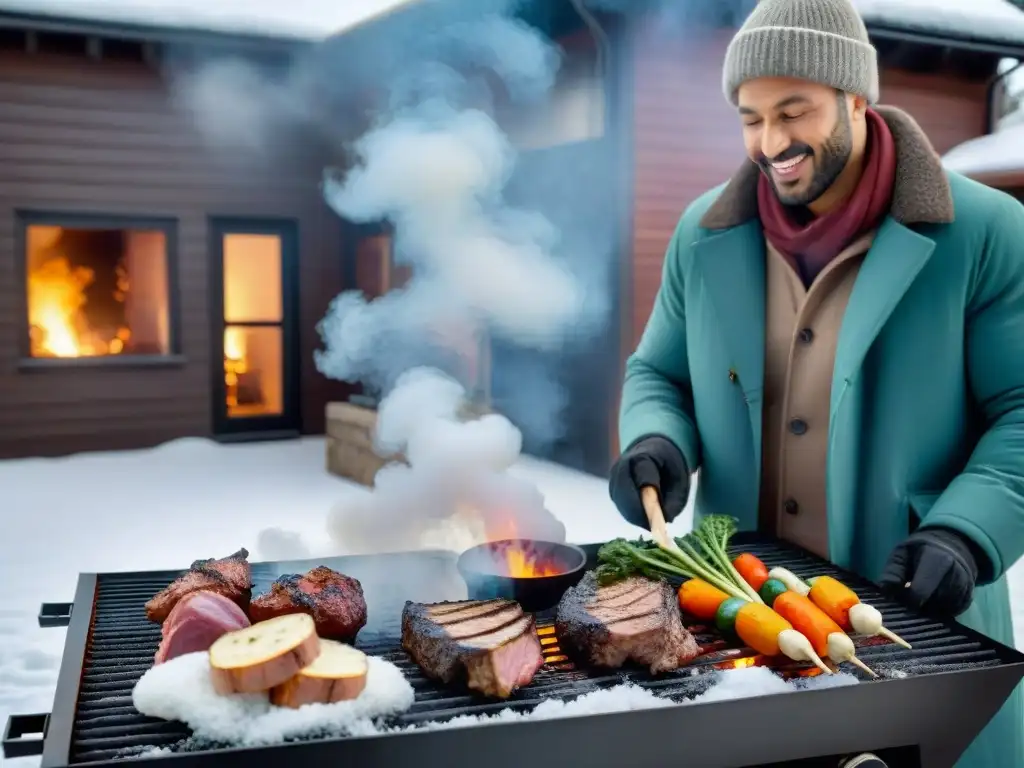 Un ambiente acogedor de invierno con una persona cocinando en una parrilla bajo la nieve