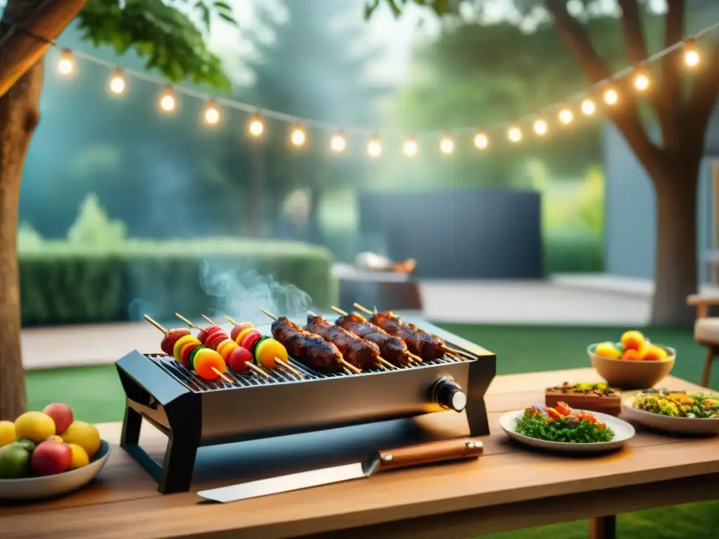 Un ambiente acogedor con técnicas de asado uruguayo modernas en un moderno patio trasero con amigos disfrutando una parrillada innovadora