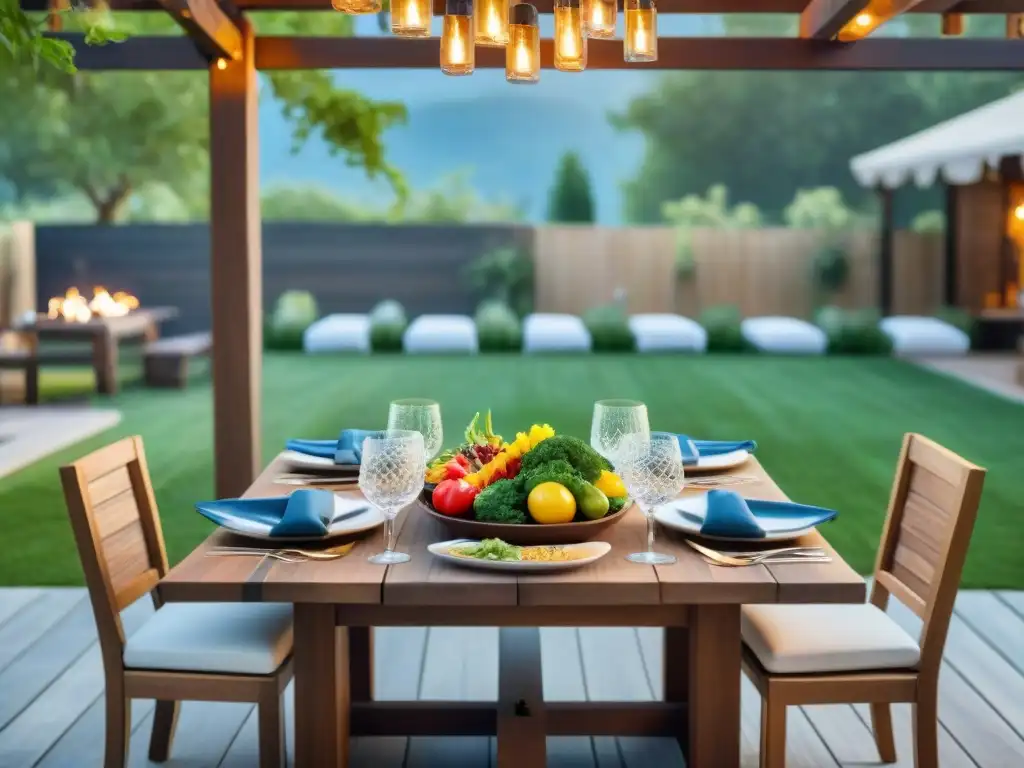 Preparar ambiente asado perfecto: Mesa rústica preparada para una fiesta de barbacoa en un jardín sereno y acogedor