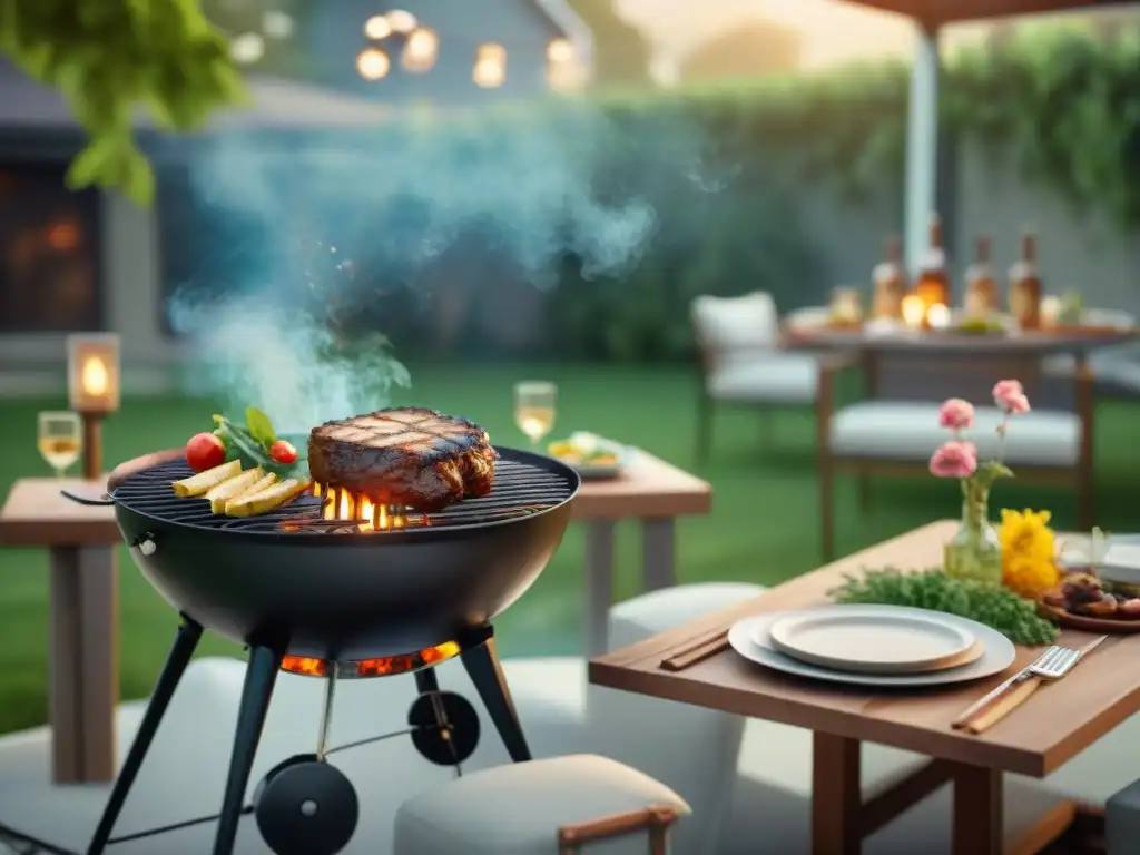 Preparar ambiente asado perfecto: Patio tranquilo bañado en luz dorada, mesa elegante al aire libre, parrilla moderna humeante, naturaleza exuberante