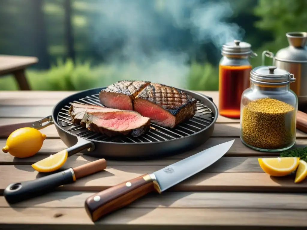 Ambiente de cabaña de caza con mesa rústica al aire libre y accesorios para asado de Carnes de caza