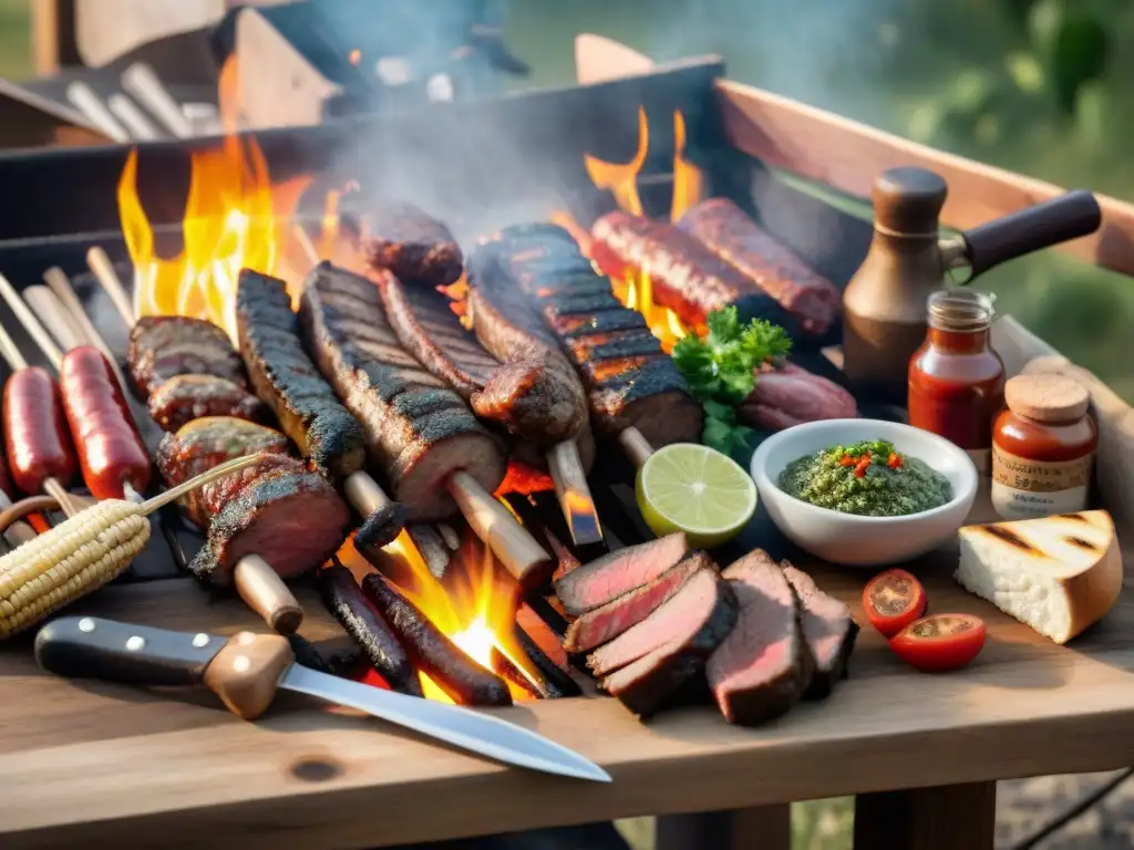 Un ambiente cálido y acogedor con amigos disfrutando de recetas asado uruguayo tradicionales en una mesa rústica