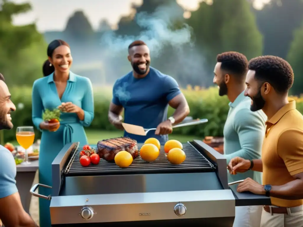 Un ambiente cálido y acogedor en una parrillada al atardecer con organización parrillada equipo adecuado