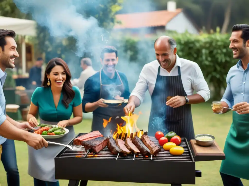 Un ambiente cálido y festivo en un evento de asado uruguayo empresarial al aire libre, con colegas felices alrededor de la parrilla