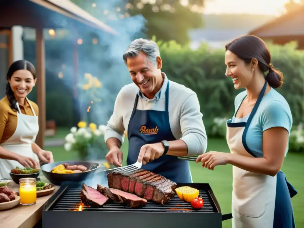 Un ambiente familiar cálido y tradicional en un patio con una parrilla argentina, donde una familia disfruta de clases de asado juntos