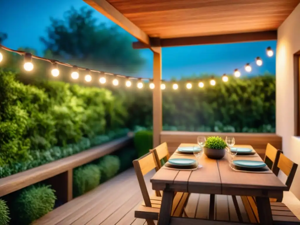 Ambiente mágico en patio nocturno iluminado por luces cálidas, ideal para asados