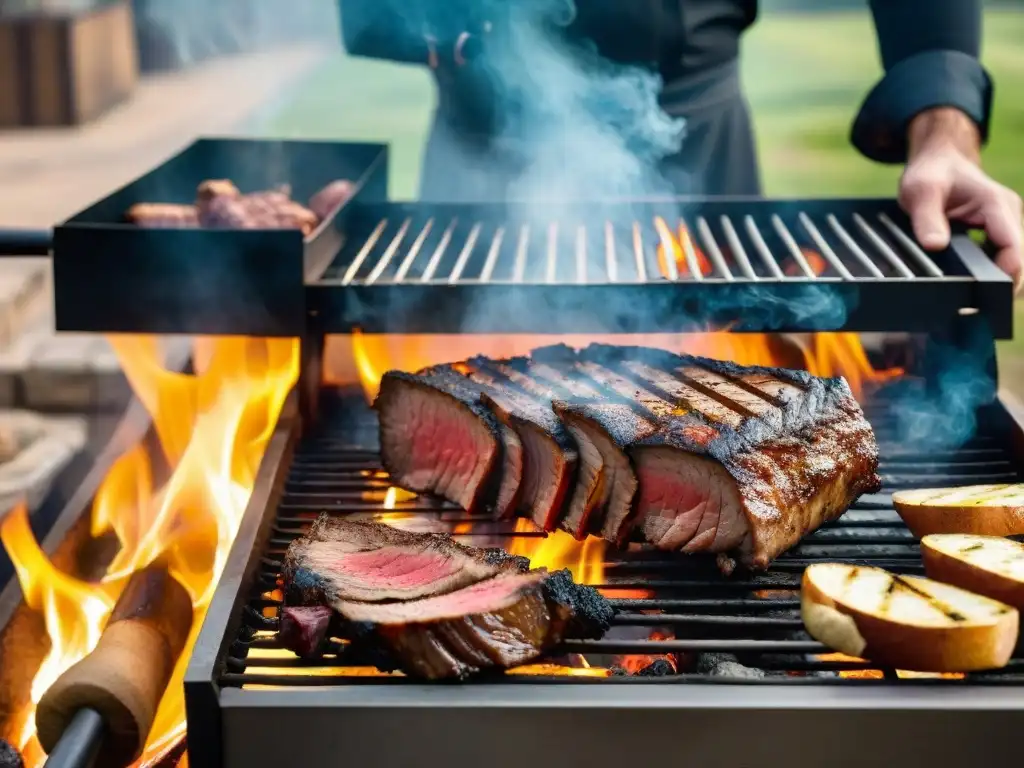 Un ambiente rústico y sofisticado con una parrilla de lujo en Uruguay, mostrando cortes de carne y un chef experto cocinando