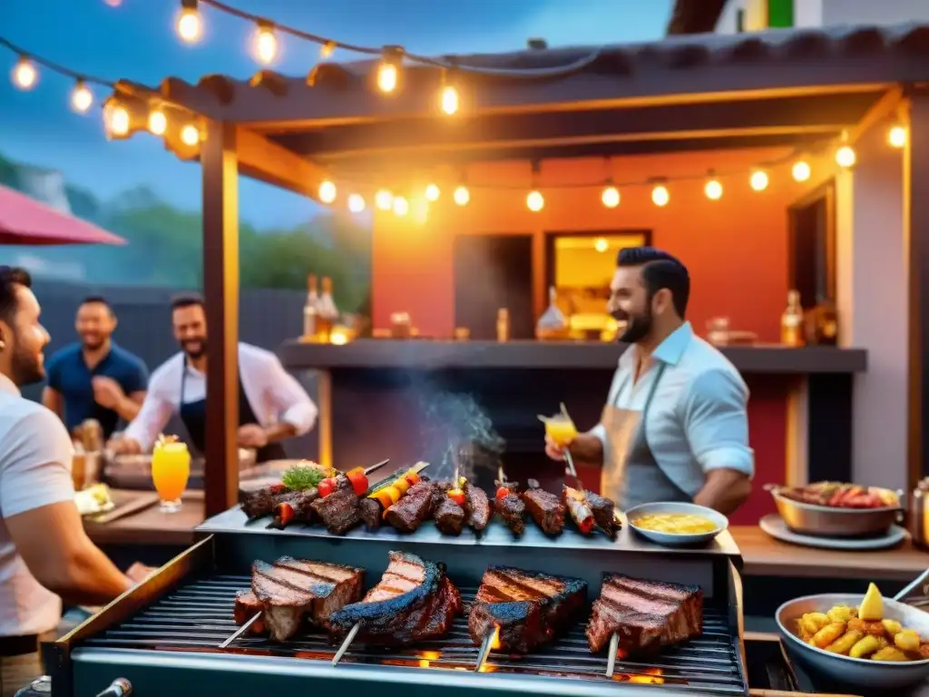 Un ambiente vibrante de parrillada al aire libre al atardecer con música en vivo y cócteles coloridos