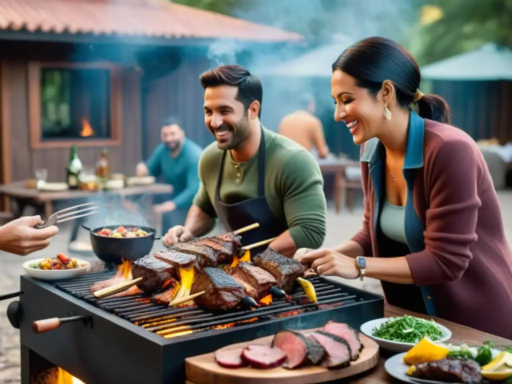 Amigos comparten anécdotas alrededor de una parrilla uruguaya, intercambiando risas y calidez con chimichurri y vino Tannat