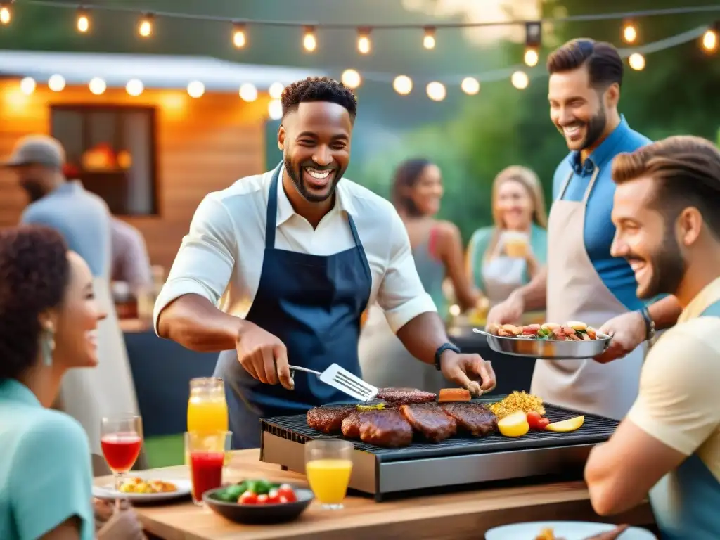 Amigos disfrutan de un animado asado al aire libre al atardecer, con un chef experto en la parrilla