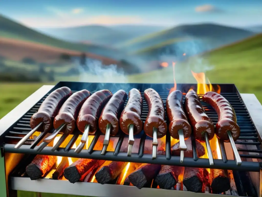 Amigos esperan ansiosos alrededor de un asado uruguayo tradicional, con cortes de carne y chorizos sizzling