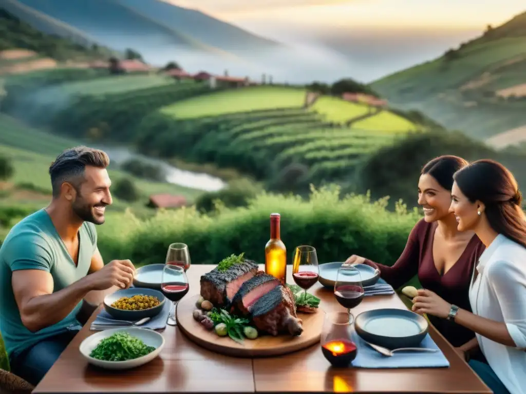 Amigos compartiendo un asado argentino al aire libre, fomentando unión y amistad en el campo