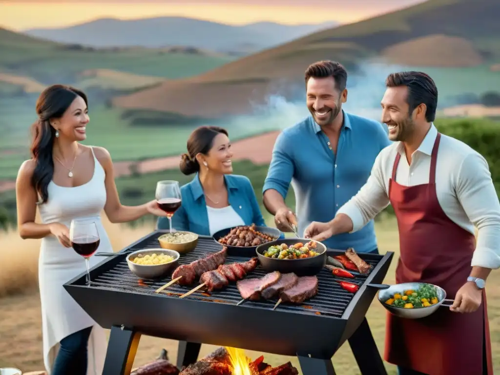 Amigos disfrutan de un asado argentino al atardecer, evitando errores comunes en el asador