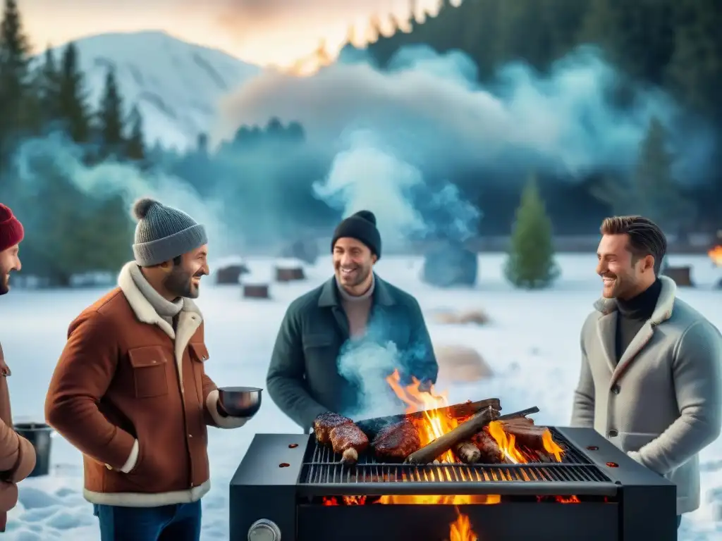 Amigos disfrutan de un asado al asador en clima frío, rodeados de nieve y árboles nevados