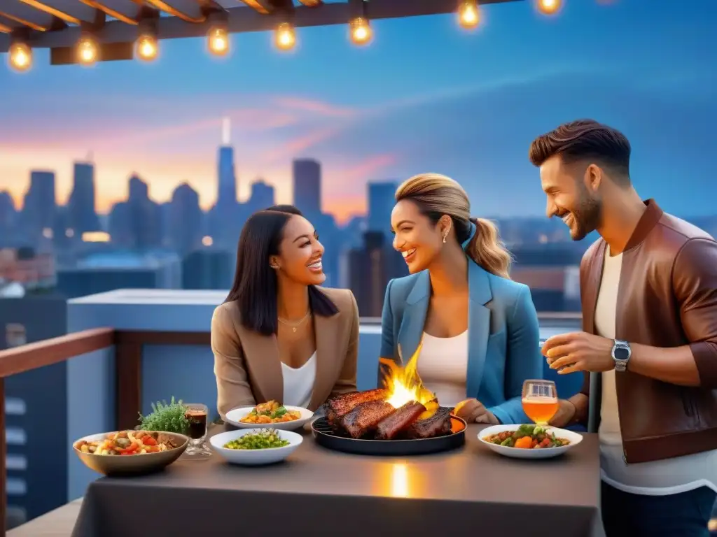 Amigos disfrutando de un asado en la azotea urbana al atardecer