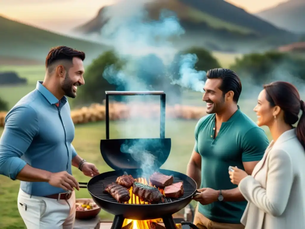 Amigos disfrutando de un asado en el campo al atardecer