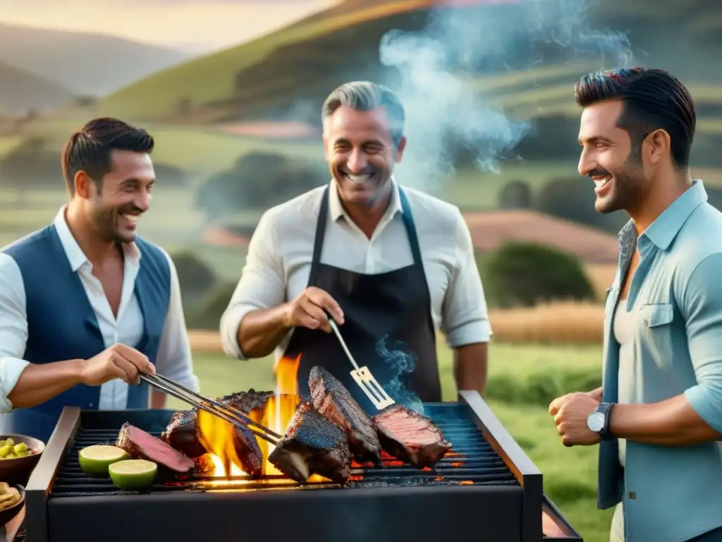 Amigos compartiendo un asado en el campo uruguayo al atardecer