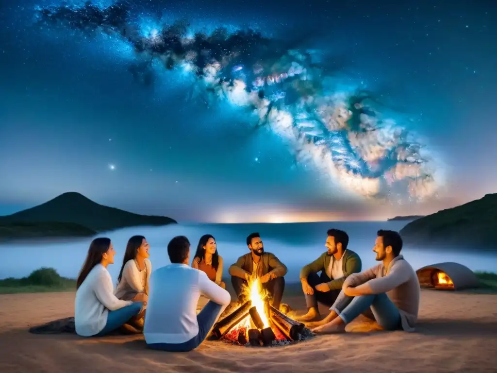 Amigos disfrutando de un asado bajo las estrellas en Uruguay, con la galaxia de la Vía Láctea de fondo