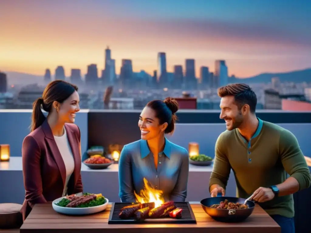 Amigos disfrutando de un asado sin humo en un moderno ático urbano al atardecer