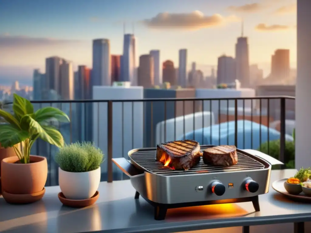 Amigos disfrutan de un asado a la parrilla en apartamentos con vistas urbanas al atardecer