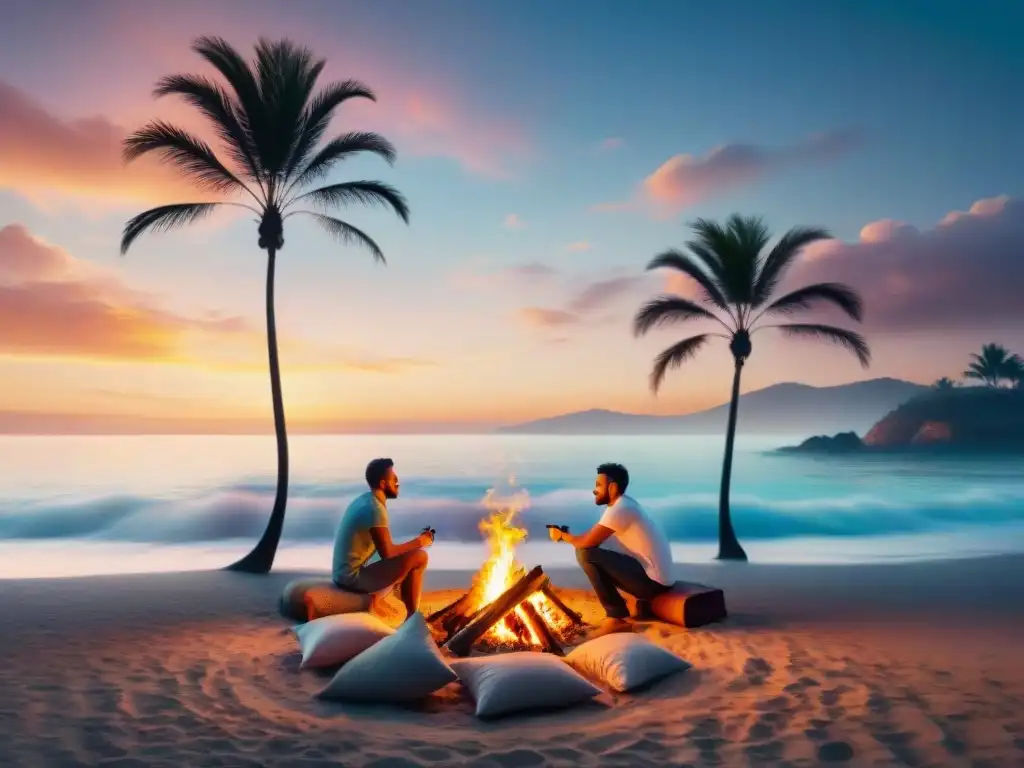 Amigos disfrutan de un asado en la playa al atardecer, con carne en las brasas y un paisaje de ensueño