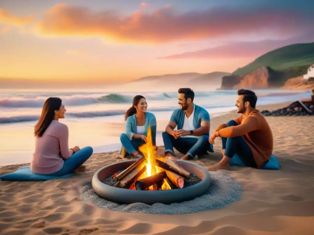 Amigos disfrutan asado en la playa al atardecer, creando momentos únicos y deliciosos