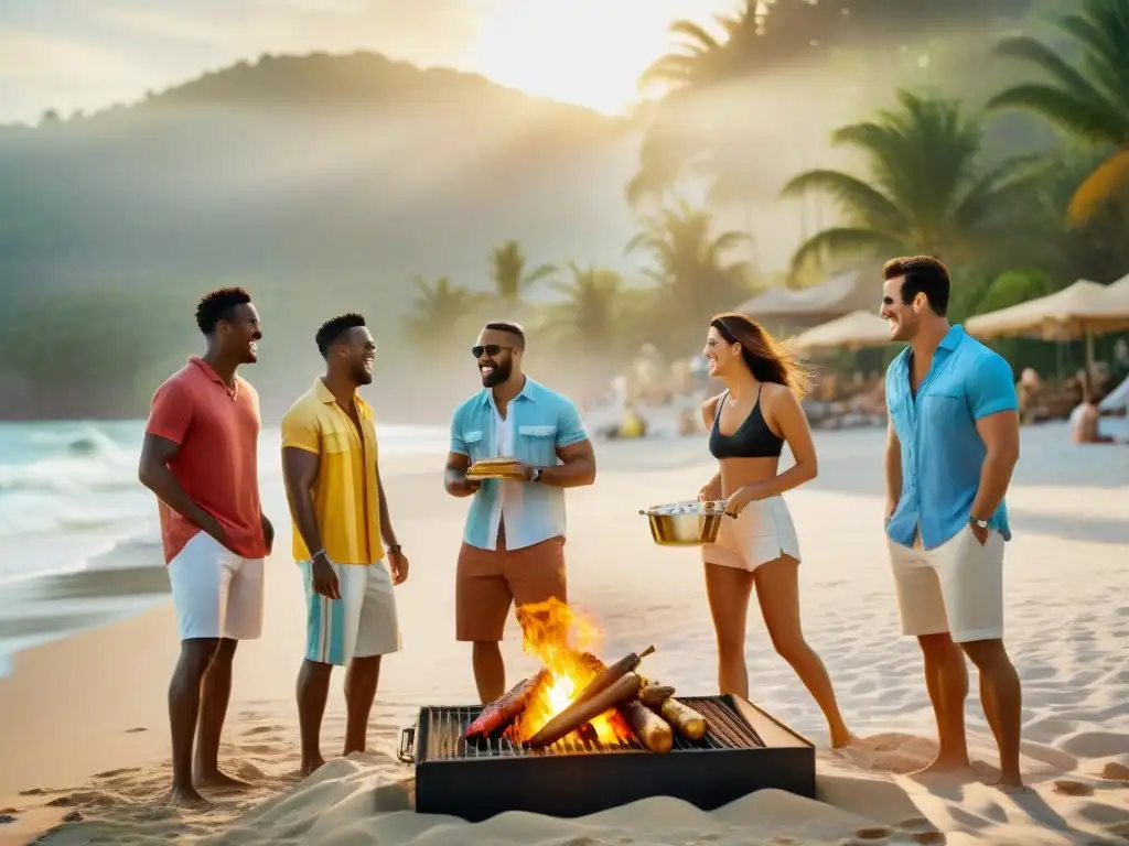 Amigos disfrutando de un asado en la playa al atardecer, entre palmeras, toallas y vista al mar