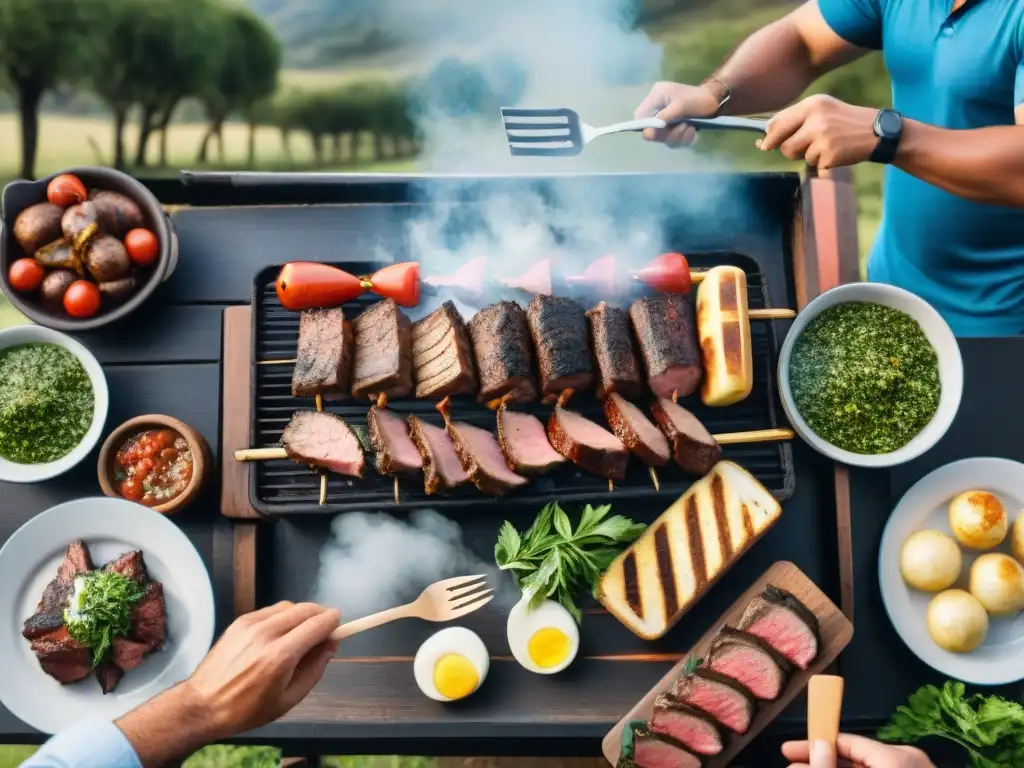 Amigos disfrutan de un asado tradicional en Uruguay, rodeados de naturaleza y comida deliciosa
