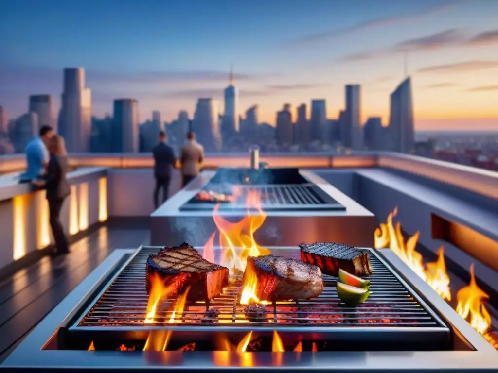 Amigos disfrutando de un asado urbano seguro en una terraza moderna al atardecer